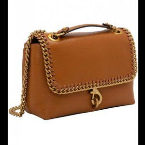 REBECCA MINKOFF Edie pebbled leather woven chain women's crossbody bag CARAMELLO